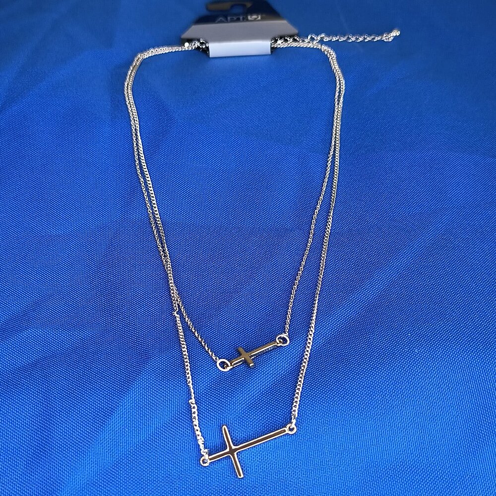 Two-Layer Round Sideways Cross Dainty Necklace Silver tone 18" Minimalist